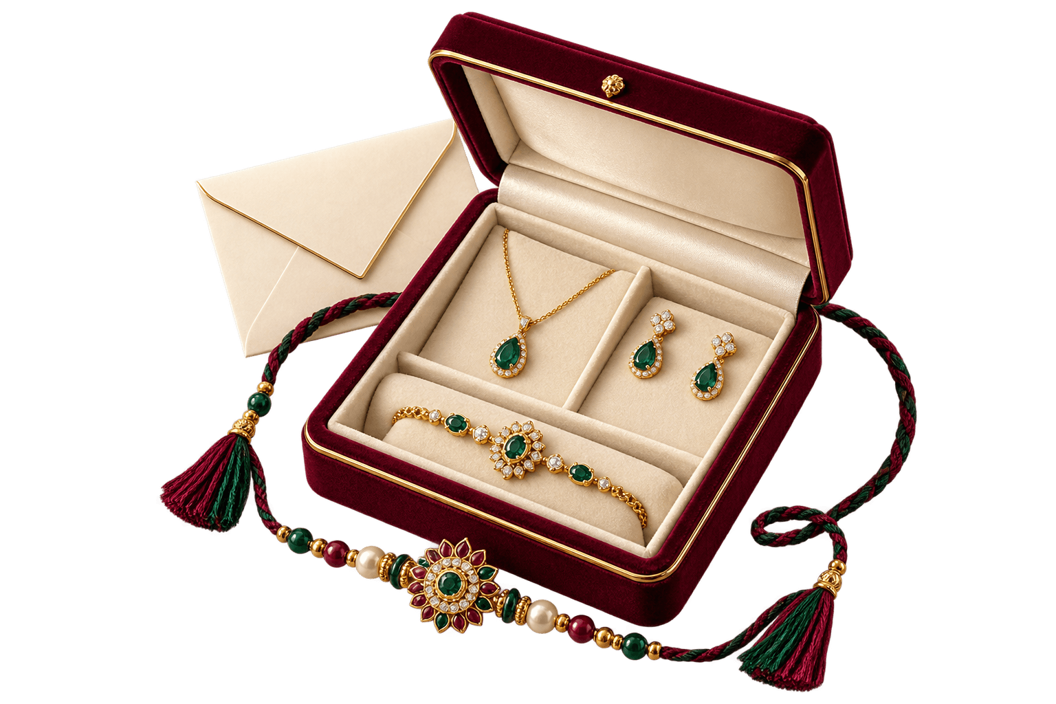 An open Raksha Bandhan jewellery gift box with a festive rakhi