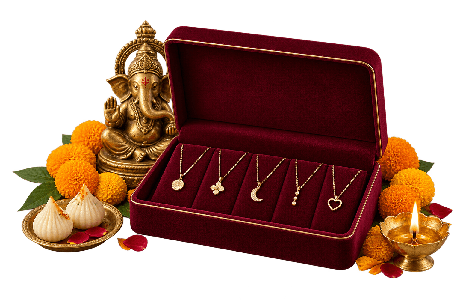 A Ganpati festive jewellery gift box with marigolds, modaks and a diya