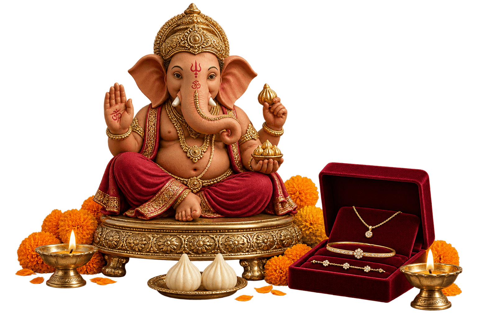 A festive Ganpati arrangement beside a Zeliora jewellery gift box